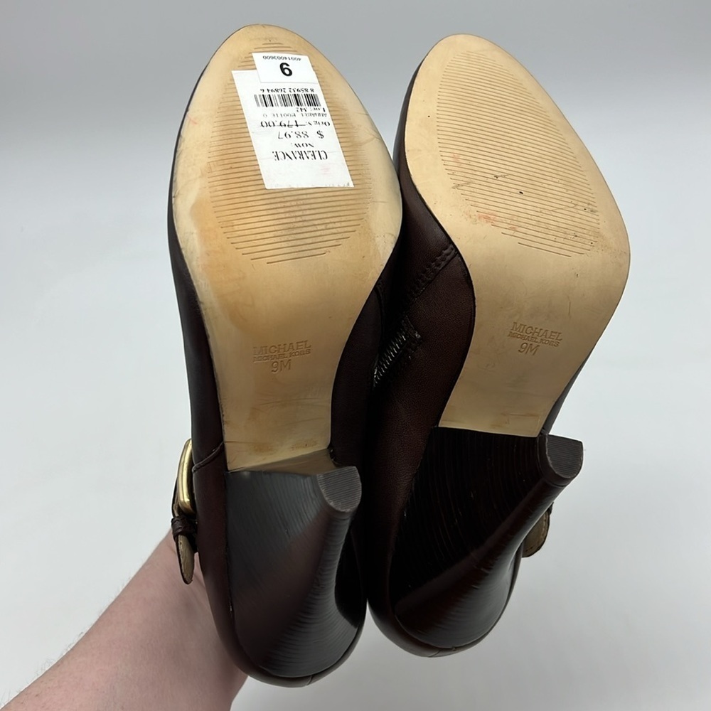 MICHAEL Michael Kors Women US 9 Brown Leather Heeled ankle booties Gold Buckle - Picture 6 of 12